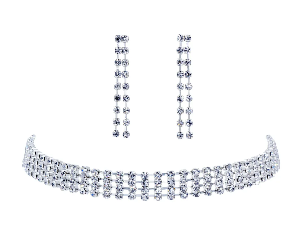 #12208 4 Row Rhinestone Choker and Earring Set