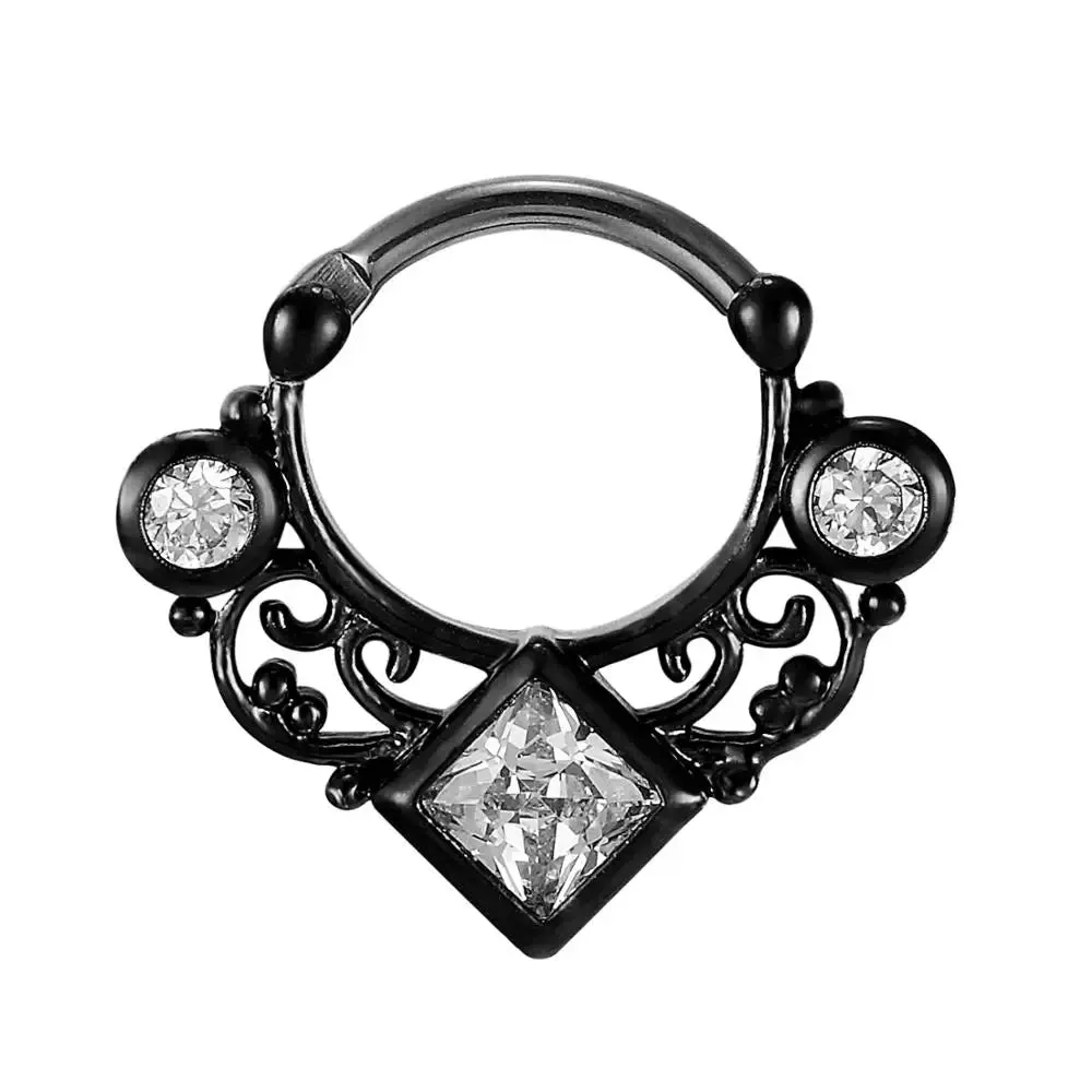 16G Titanium Piercing Septum Clickers Nose Rings Square CZ Zircon Crystal Nose Hoop with Beautiful Hollow Design Body Jewelry