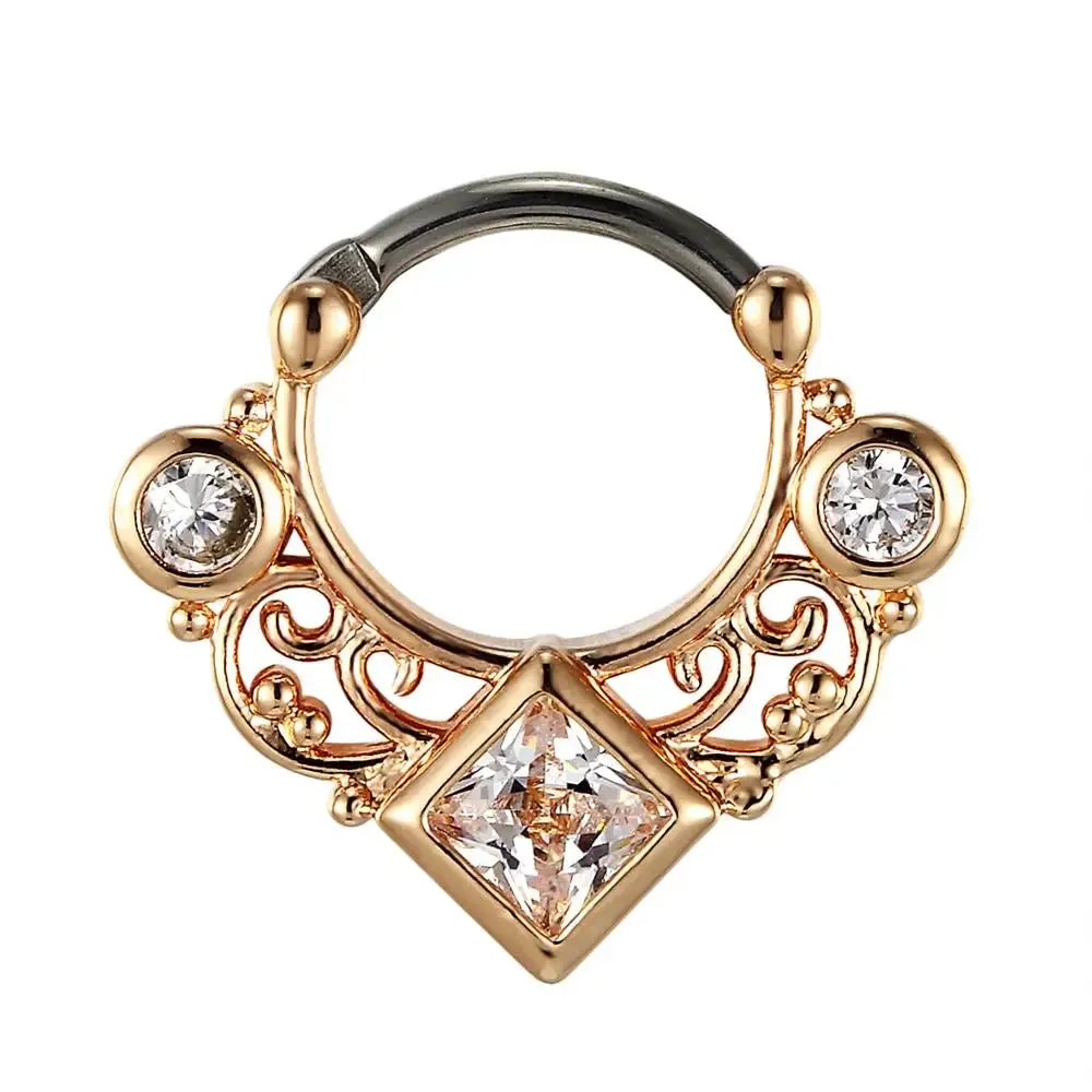16G Titanium Piercing Septum Clickers Nose Rings Square CZ Zircon Crystal Nose Hoop with Beautiful Hollow Design Body Jewelry
