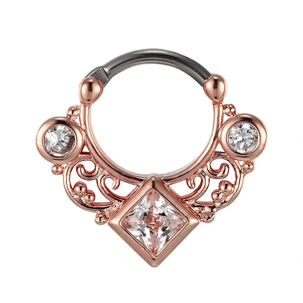 16G Titanium Piercing Septum Clickers Nose Rings Square CZ Zircon Crystal Nose Hoop with Beautiful Hollow Design Body Jewelry