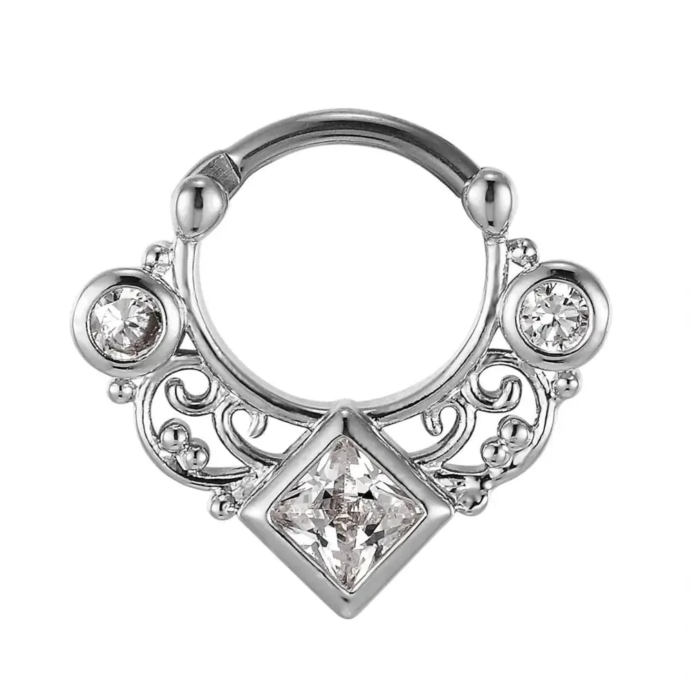16G Titanium Piercing Septum Clickers Nose Rings Square CZ Zircon Crystal Nose Hoop with Beautiful Hollow Design Body Jewelry