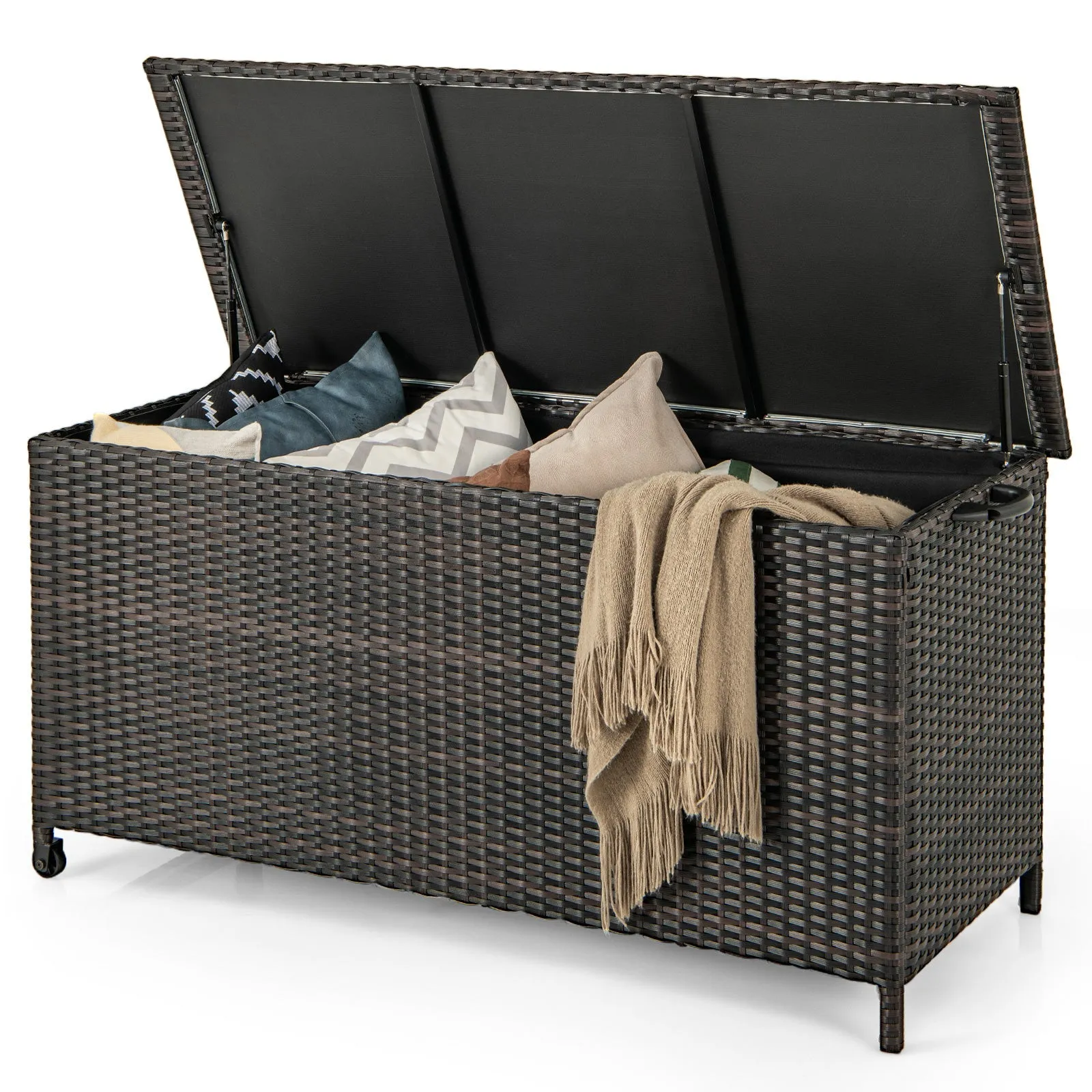 320L Rattan Deck Box Outdoor Storage with Liner and Universal Wheels-Brown