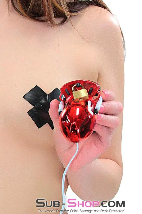 6935AR      Electro Sex Locking Red Cock Cage Chastity
