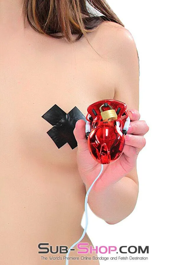 6935AR      Electro Sex Locking Red Cock Cage Chastity