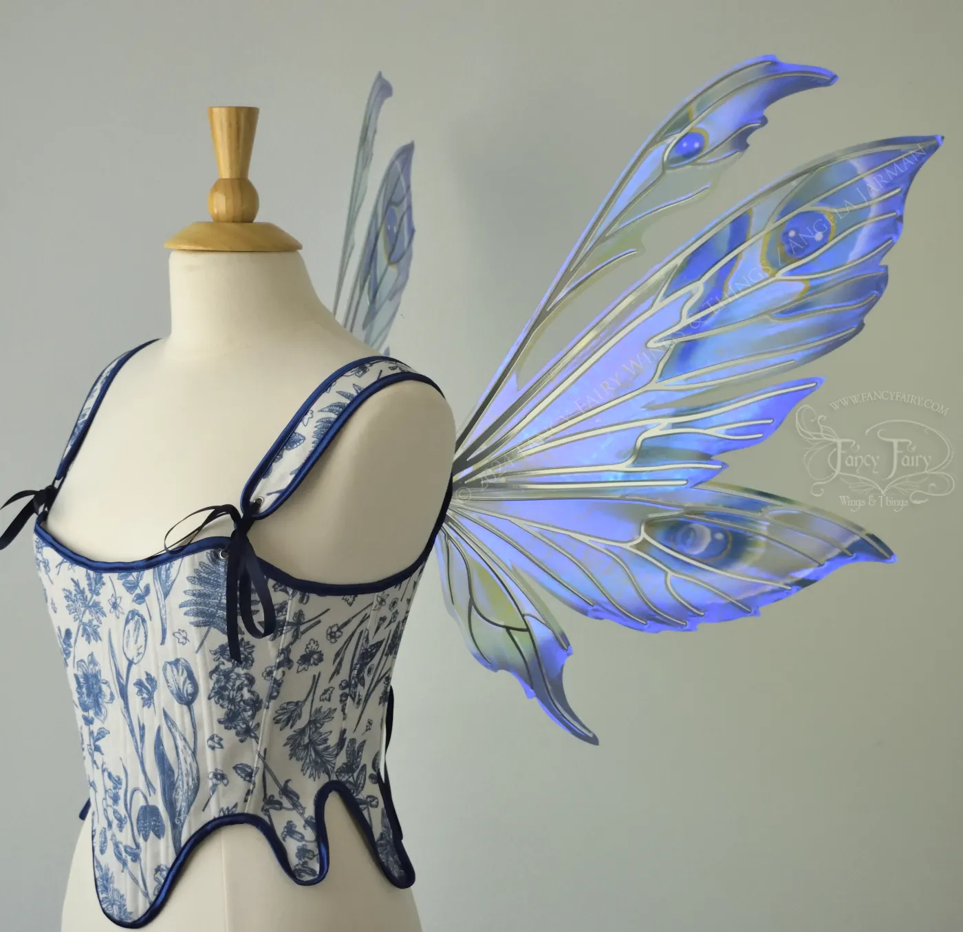 Aynia "Blue Dream" Painted Convertible Iridescent Fairy Wings with Silver Veins, Ready to Ship