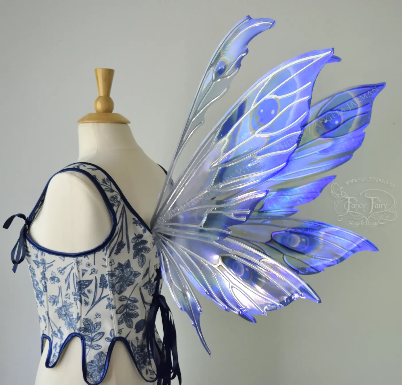 Aynia "Blue Dream" Painted Convertible Iridescent Fairy Wings with Silver Veins, Ready to Ship
