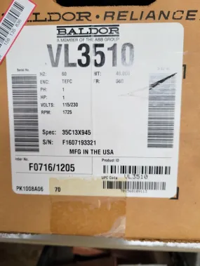 Baldor Motor 1HP, 1725RPM, 1PH, 60HZ, 56C, 3524L, TEFC, F1, N