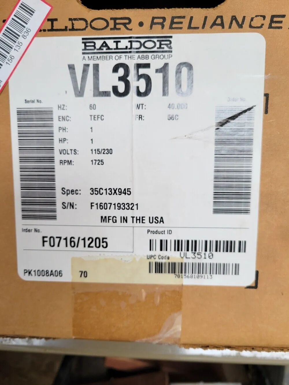 Baldor Motor 1HP, 1725RPM, 1PH, 60HZ, 56C, 3524L, TEFC, F1, N