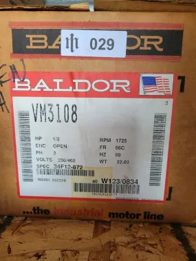 Baldor-Reliance Motor VM3538, .5HP, 1725RPM, 3PH, 60HZ, 56C, 3416M, TEFC, F1