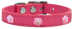 Bright Pink Rose Widget Genuine Leather Dog Collar Pink 18