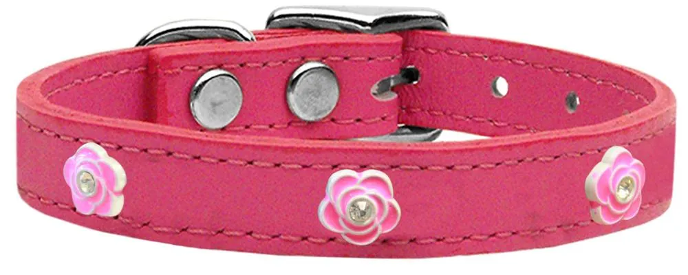Bright Pink Rose Widget Genuine Leather Dog Collar Pink 18
