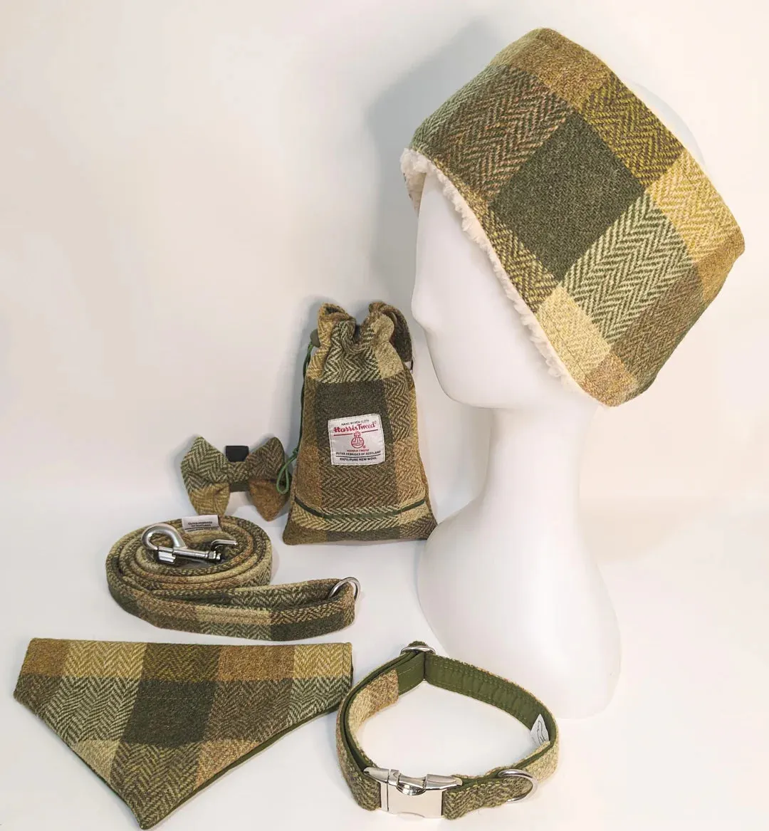 Harris Tweed Green Block Herringbone Dog Collar