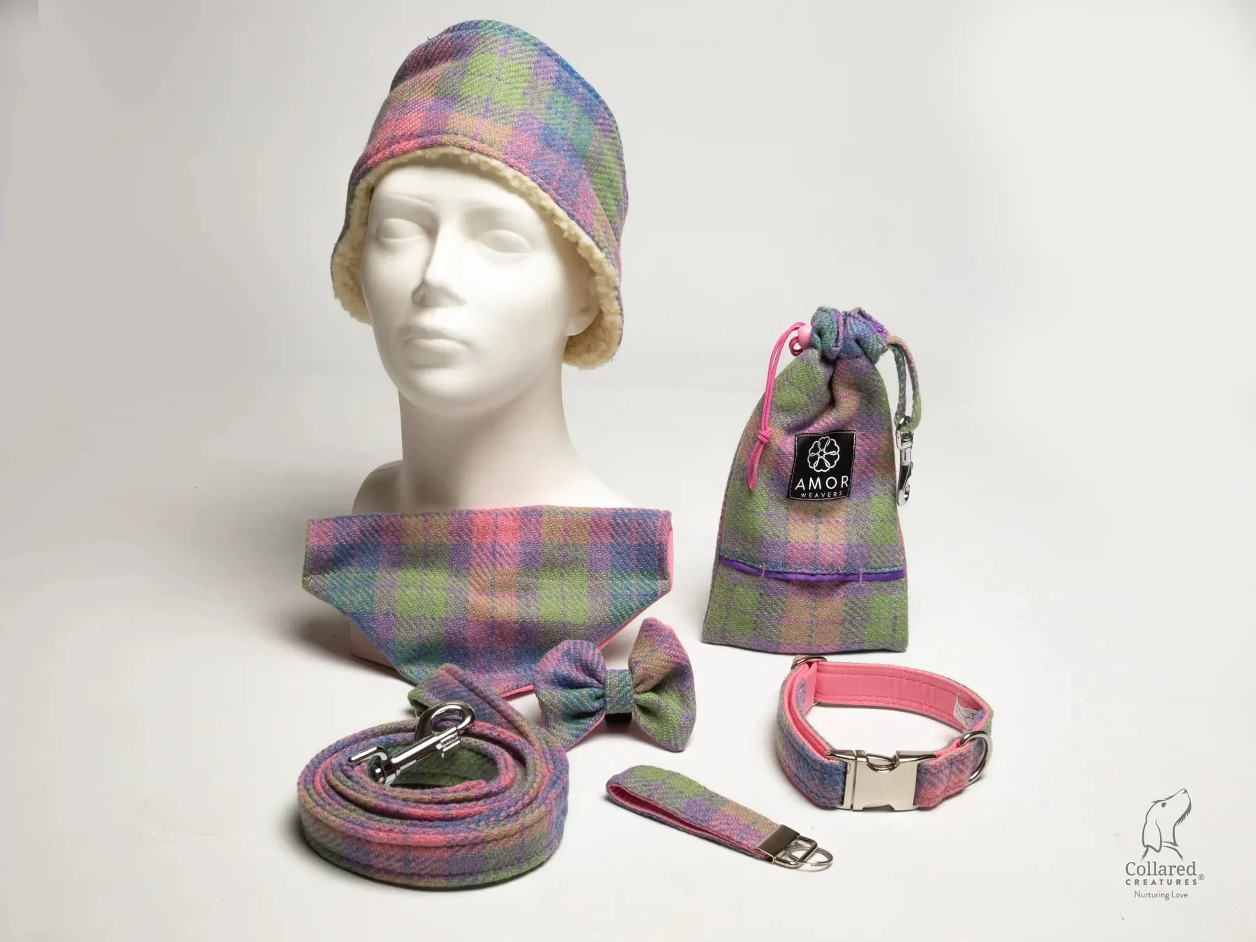 Harris Tweed Pink Check Hydrangea Luxury Dog Collar