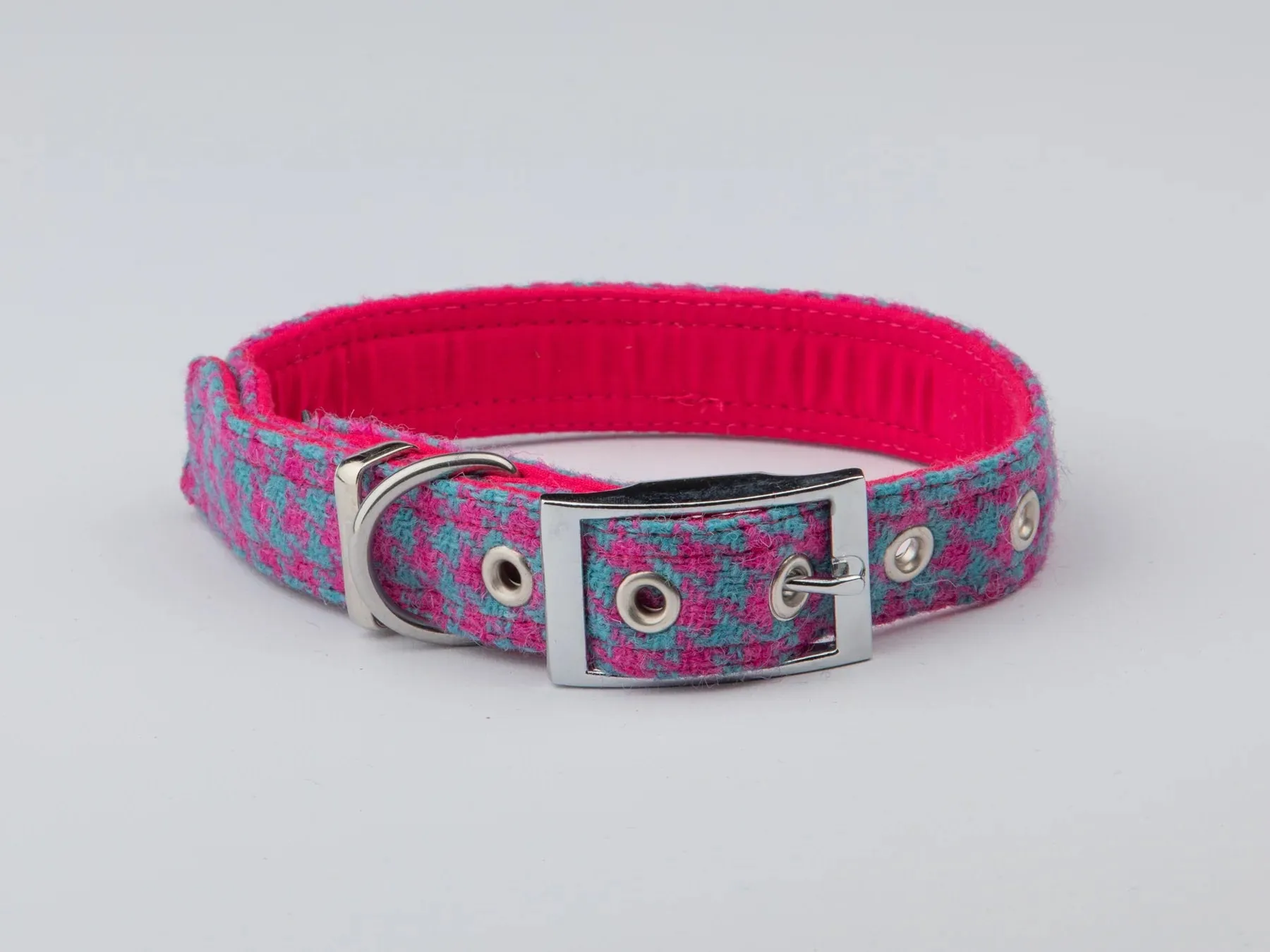 Harris Tweed Turquoise and Pink Houndstooth Dog Collar