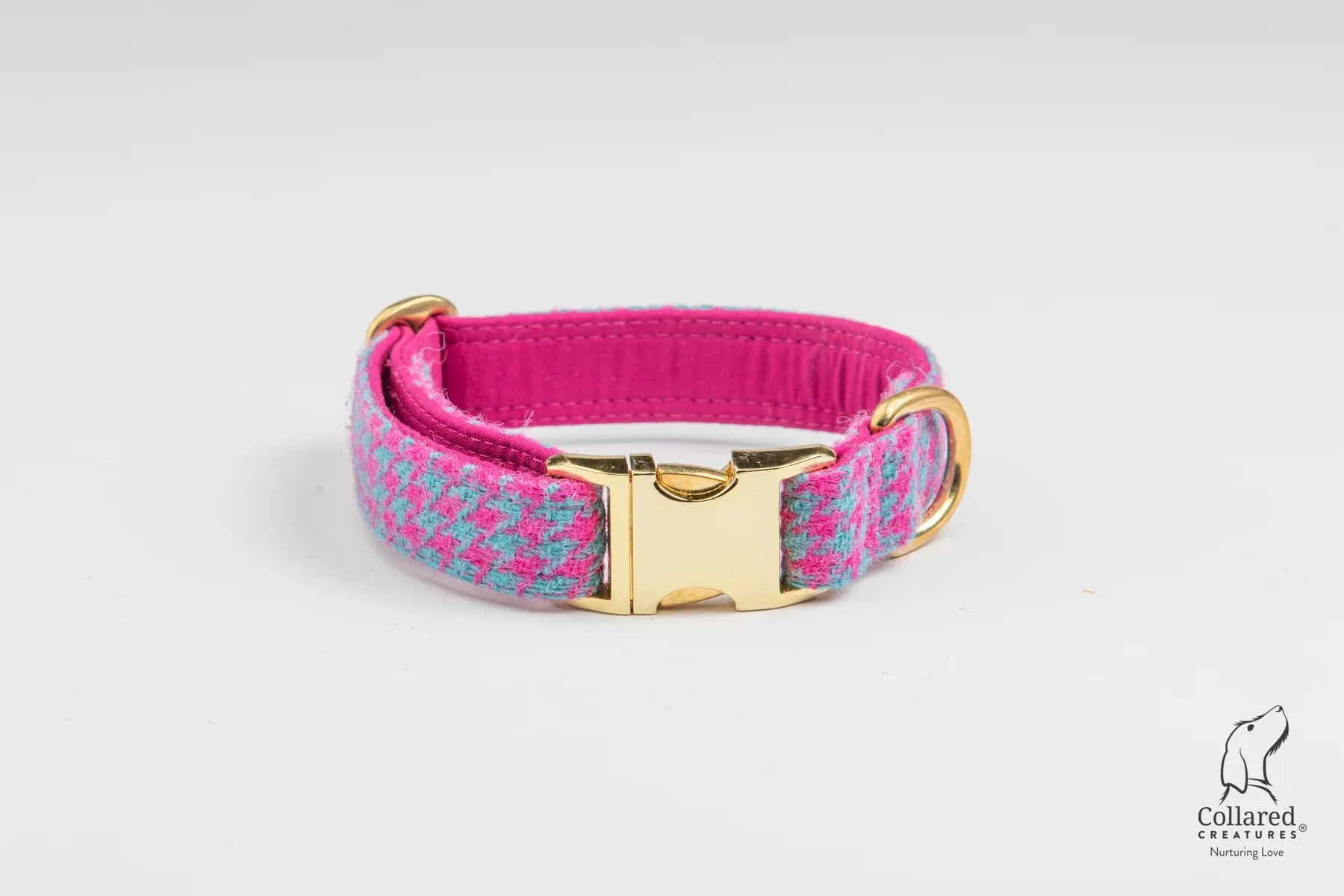Harris Tweed Turquoise and Pink Houndstooth Dog Collar