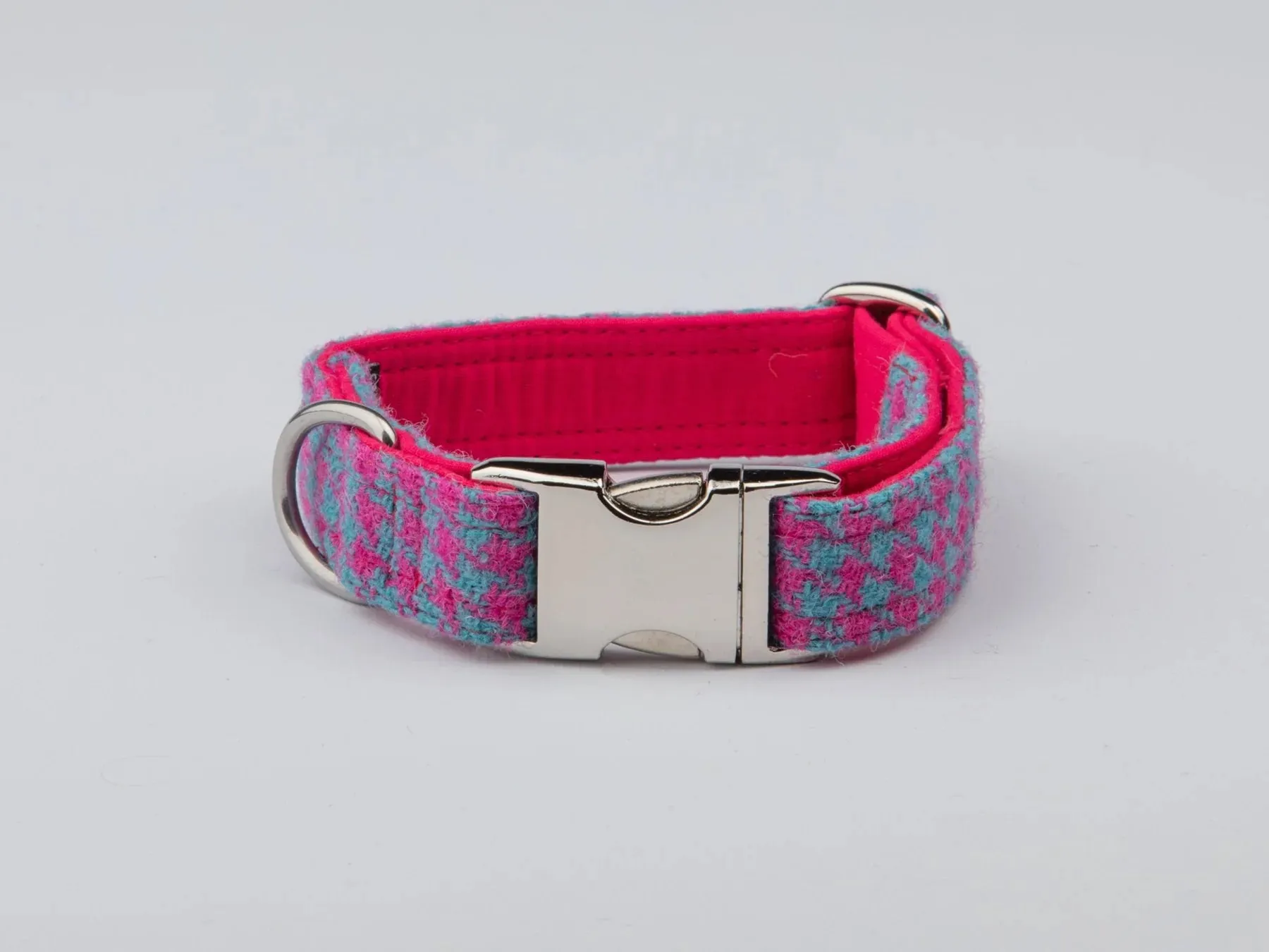 Harris Tweed Turquoise and Pink Houndstooth Dog Collar