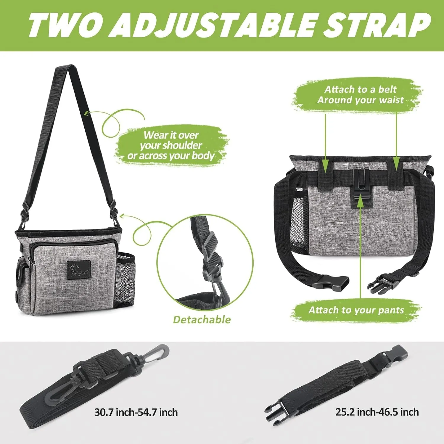 Large Dog Treat Pouch for Training with Magnetic Closure, Portable Dog Walking Fanny Pack Built-In Poop Bag Dispenser and Multiple Pockets, Includes Waist Belt Clip, Adjustable Shoulder Strap (Grey)