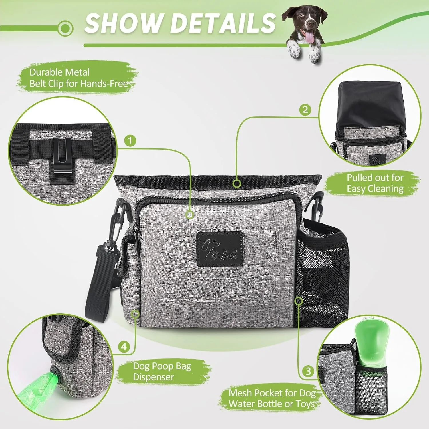 Large Dog Treat Pouch for Training with Magnetic Closure, Portable Dog Walking Fanny Pack Built-In Poop Bag Dispenser and Multiple Pockets, Includes Waist Belt Clip, Adjustable Shoulder Strap (Grey)