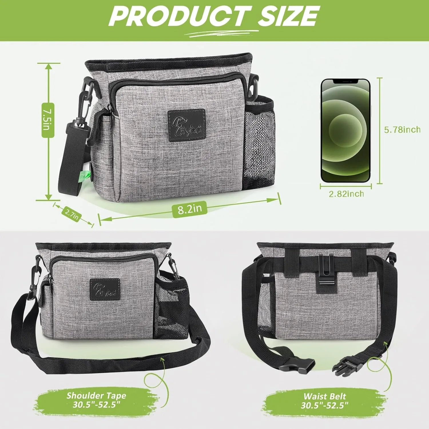 Large Dog Treat Pouch for Training with Magnetic Closure, Portable Dog Walking Fanny Pack Built-In Poop Bag Dispenser and Multiple Pockets, Includes Waist Belt Clip, Adjustable Shoulder Strap (Grey)