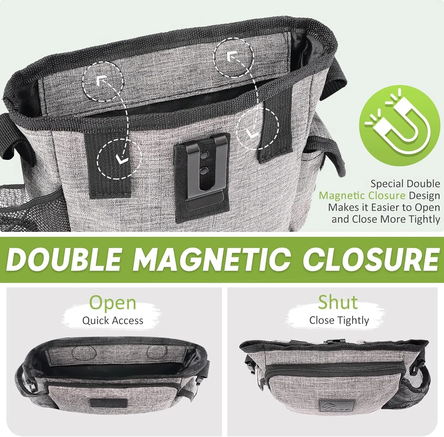 Large Dog Treat Pouch for Training with Magnetic Closure, Portable Dog Walking Fanny Pack Built-In Poop Bag Dispenser and Multiple Pockets, Includes Waist Belt Clip, Adjustable Shoulder Strap (Grey)
