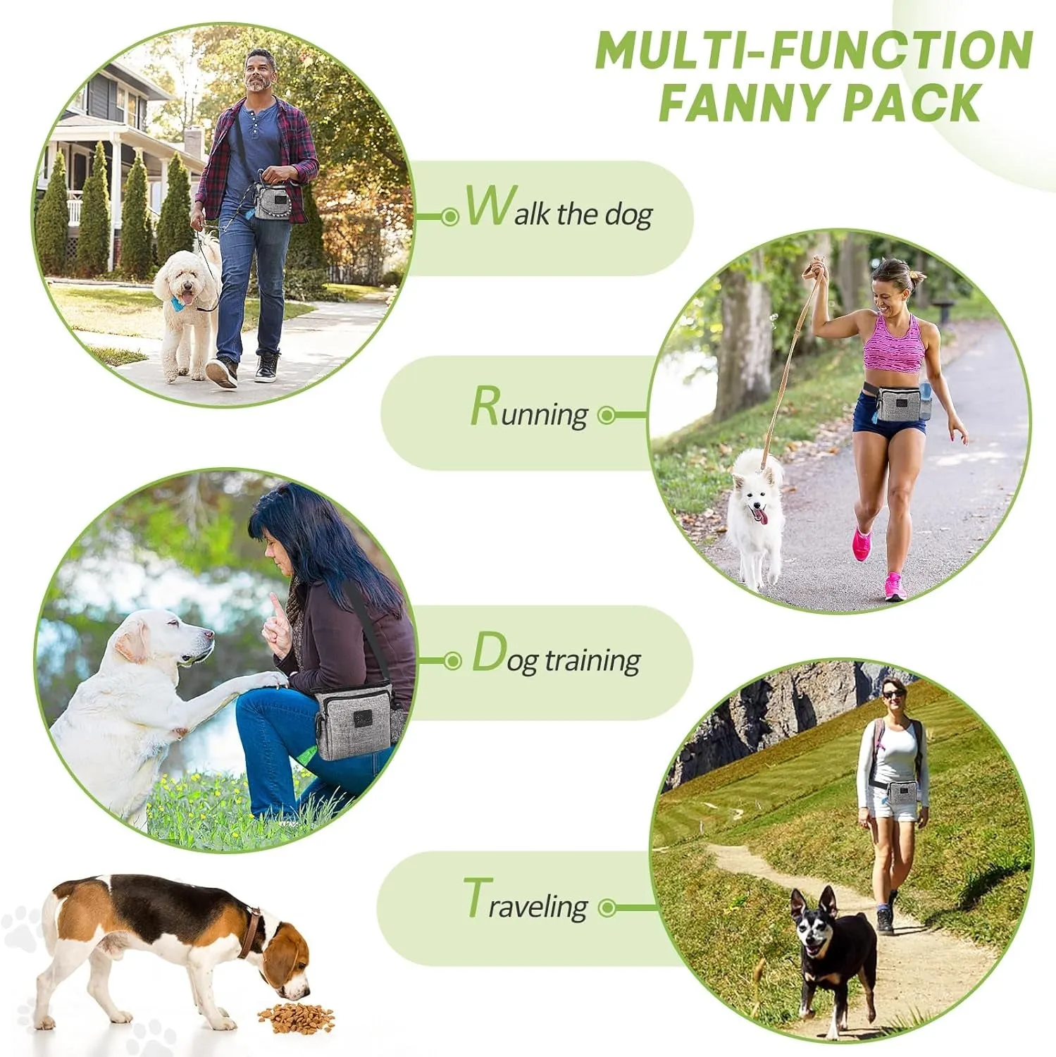 Large Dog Treat Pouch for Training with Magnetic Closure, Portable Dog Walking Fanny Pack Built-In Poop Bag Dispenser and Multiple Pockets, Includes Waist Belt Clip, Adjustable Shoulder Strap (Grey)