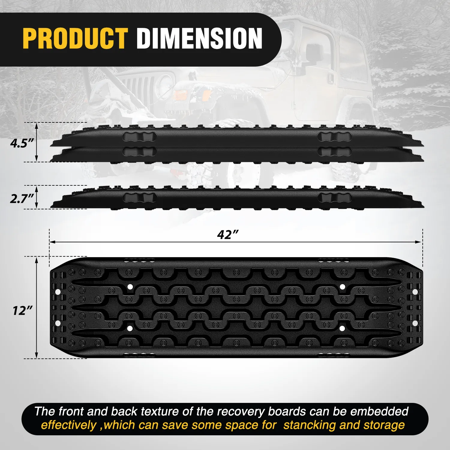 Off-Road Recovery Traction Boards For 4WD 4X4 with 2PCS Mounting kit Zipper Bag 2 leashes (Black)