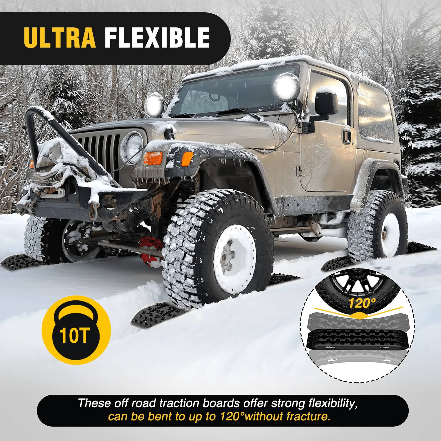 Off-Road Recovery Traction Boards For 4WD 4X4 with 2PCS Mounting kit Zipper Bag 2 leashes (Black)