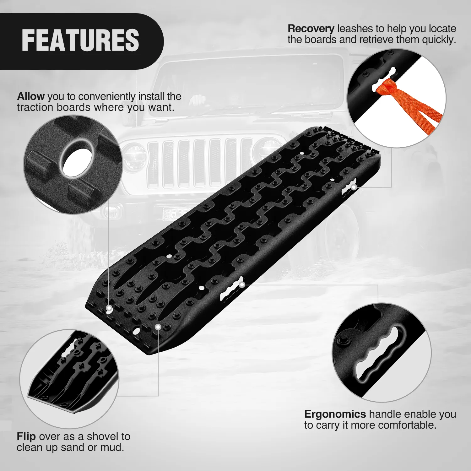 Off-Road Recovery Traction Boards For 4WD 4X4 with 2PCS Mounting kit Zipper Bag 2 leashes (Black)
