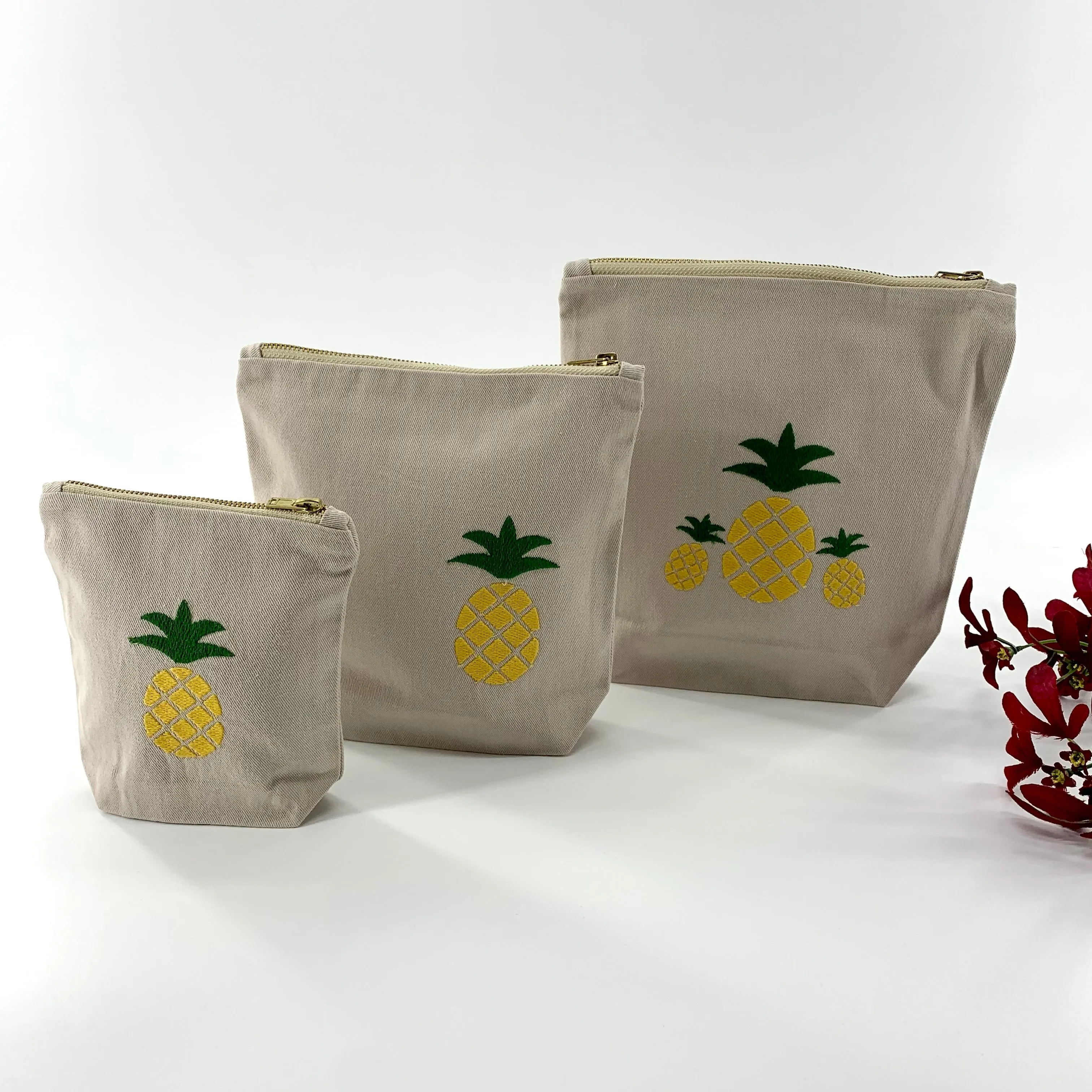 Pineapple Collection; Embroidered Pouches TAN - SET OF 3