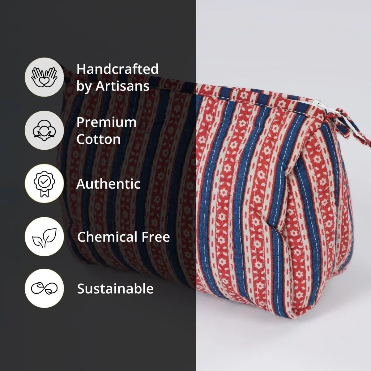 Quilted Makeup Pouch / Utility Pouch Set Of 2 - Hand Printed In Red & Blue | Portable Toiletry Bag For Travel