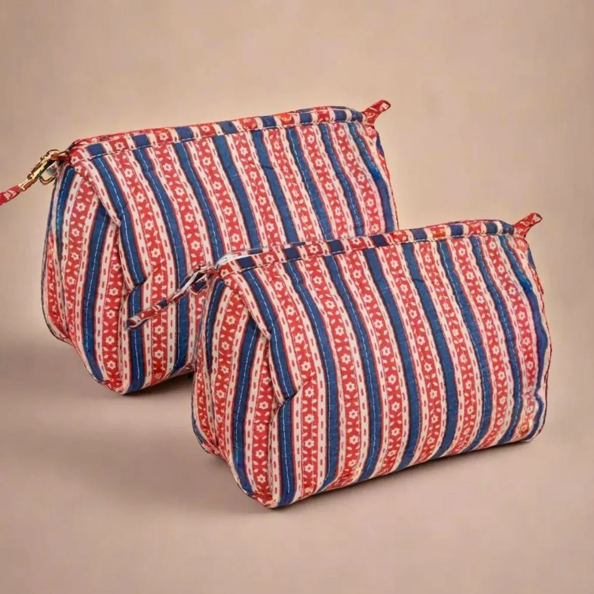 Quilted Makeup Pouch / Utility Pouch Set Of 2 - Hand Printed In Red & Blue | Portable Toiletry Bag For Travel