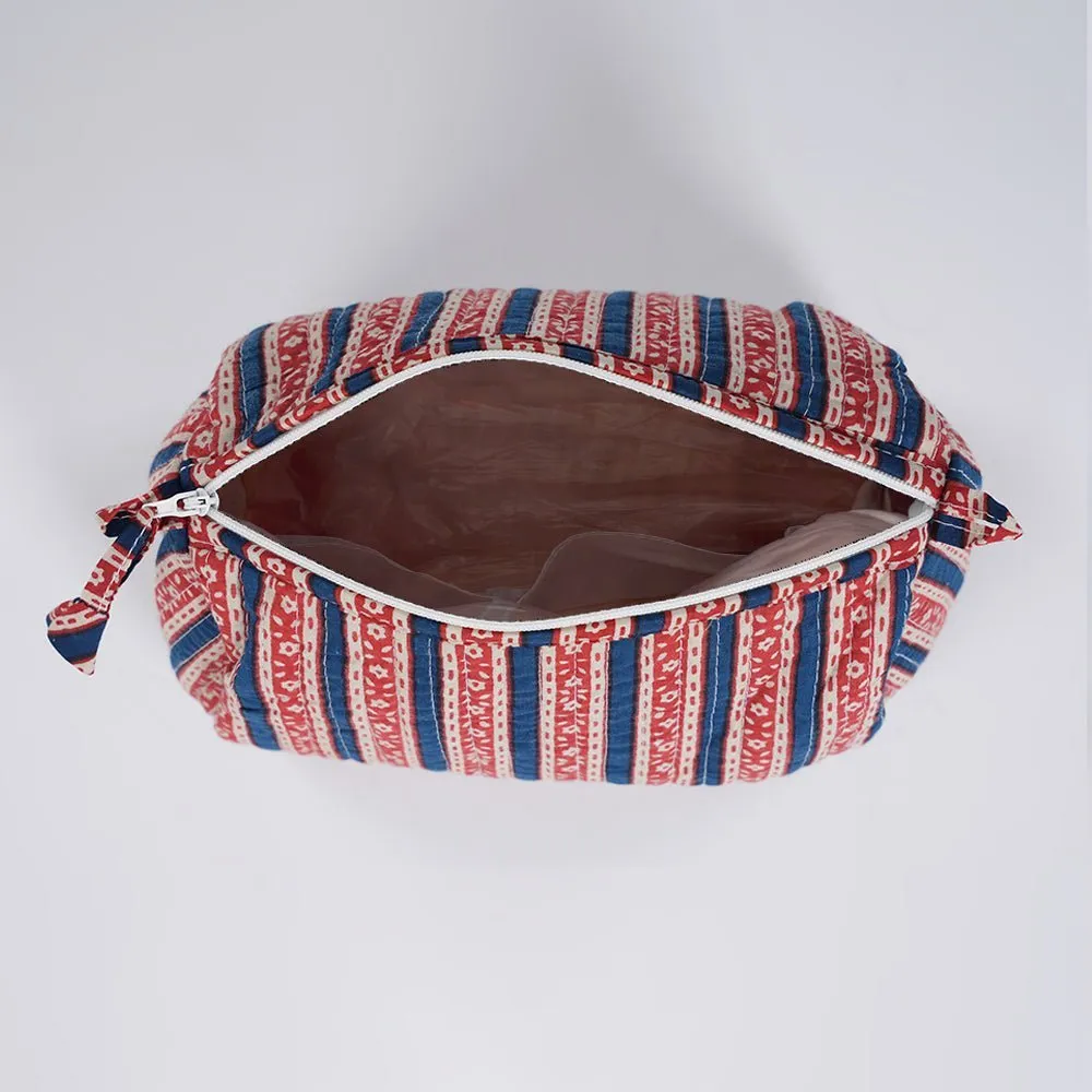 Quilted Makeup Pouch / Utility Pouch Set Of 2 - Hand Printed In Red & Blue | Portable Toiletry Bag For Travel