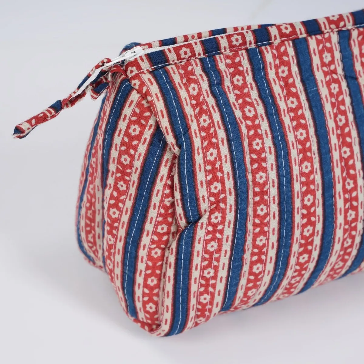 Quilted Makeup Pouch / Utility Pouch Set Of 2 - Hand Printed In Red & Blue | Portable Toiletry Bag For Travel