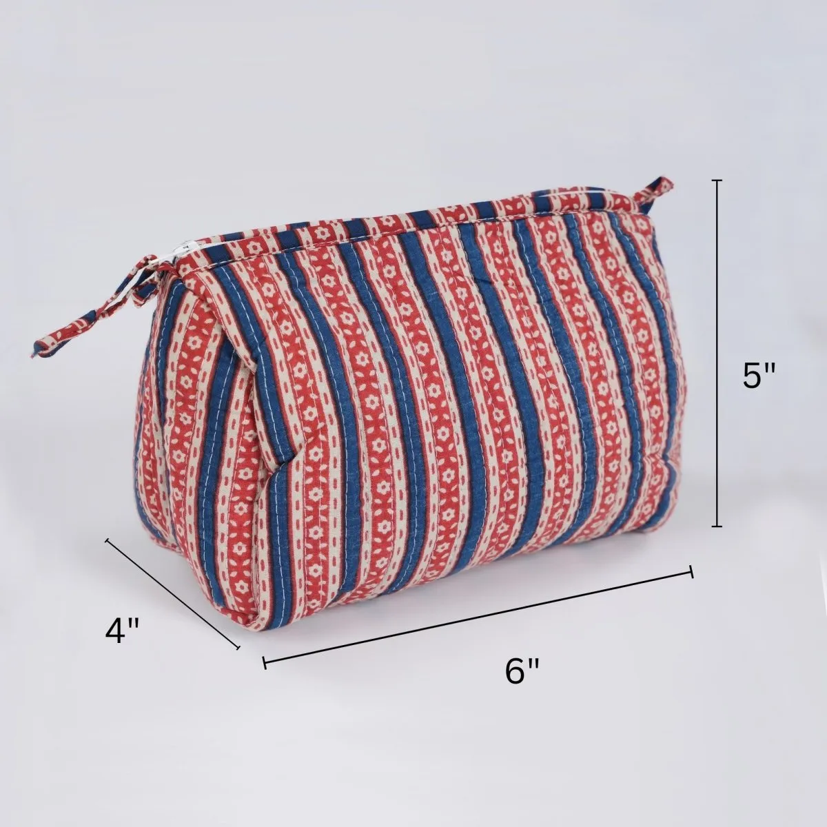 Quilted Makeup Pouch / Utility Pouch Set Of 2 - Hand Printed In Red & Blue | Portable Toiletry Bag For Travel