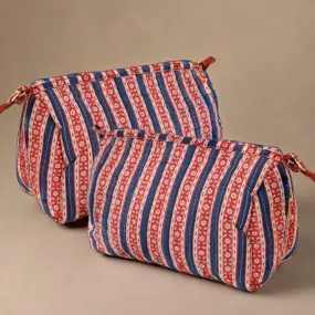Quilted Makeup Pouch / Utility Pouch Set Of 2 - Hand Printed In Red & Blue | Portable Toiletry Bag For Travel
