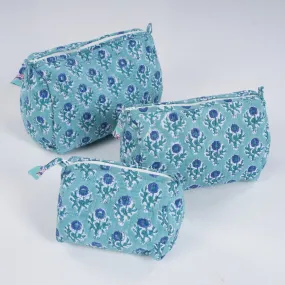Quilted Makeup Pouch / Utility Pouch Set Of 3 - Hand Printed Blue Floral Pattern | Portable Toiletry Bag For Travel