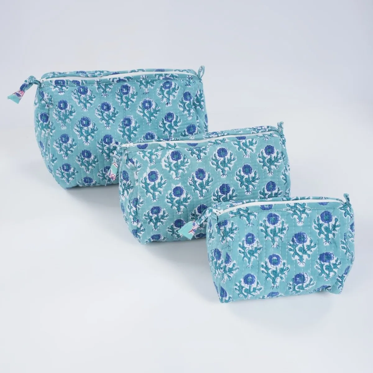 Quilted Makeup Pouch / Utility Pouch Set Of 3 - Hand Printed Blue Floral Pattern | Portable Toiletry Bag For Travel