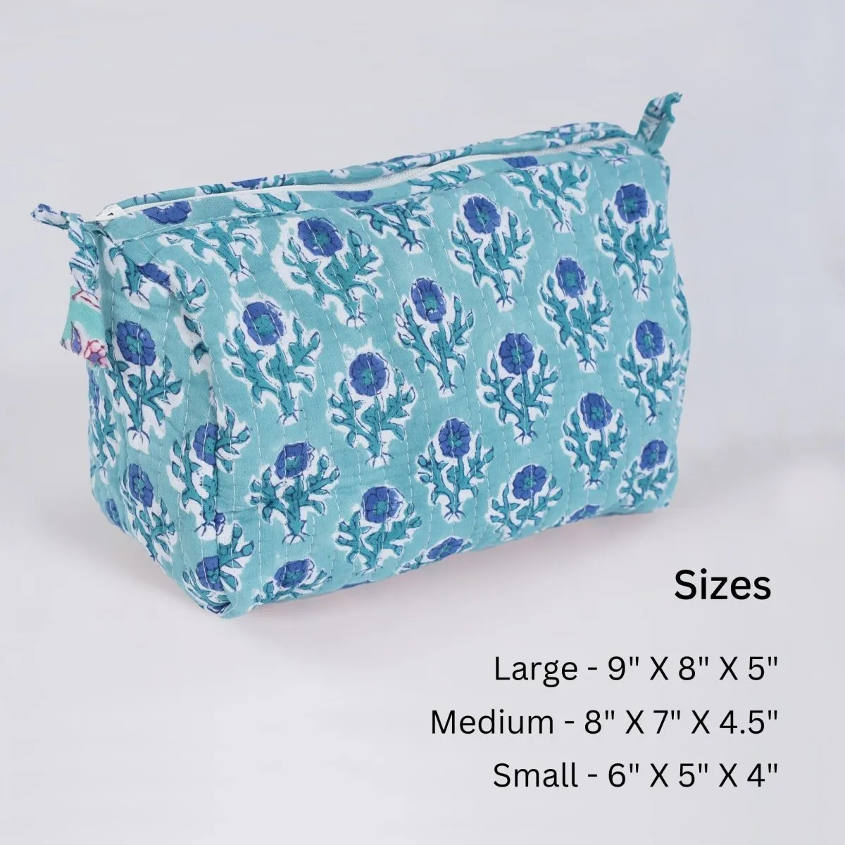 Quilted Makeup Pouch / Utility Pouch Set Of 3 - Hand Printed Blue Floral Pattern | Portable Toiletry Bag For Travel