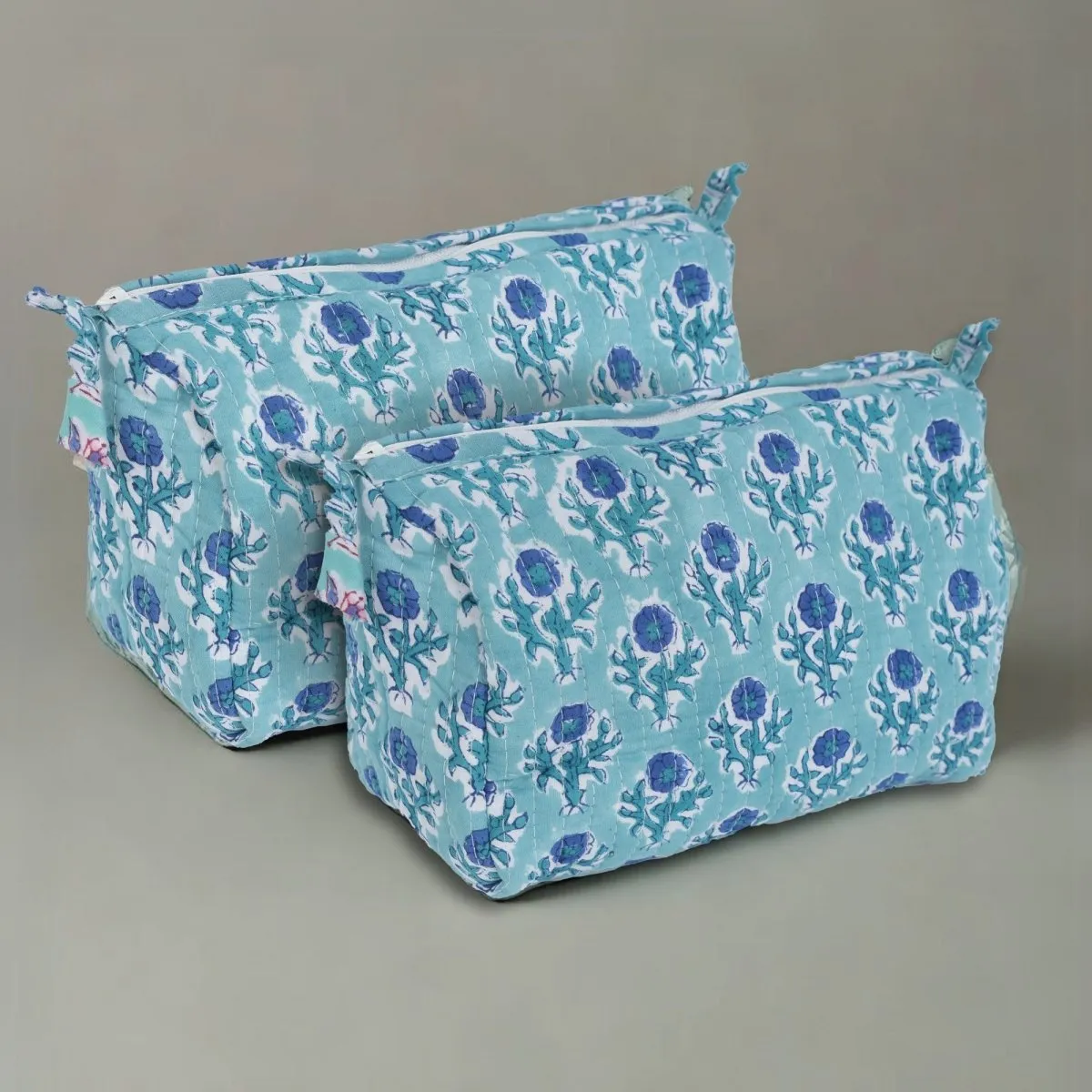 Quilted Makeup Pouch/Utility Pouch Set of 2 - Handprinted in Blue Floral Pattern | Portable Toiletry Bag for Travel