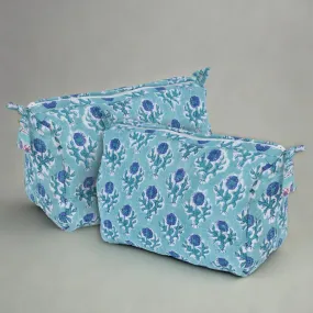 Quilted Makeup Pouch/Utility Pouch Set of 2 - Handprinted in Blue Floral Pattern | Portable Toiletry Bag for Travel