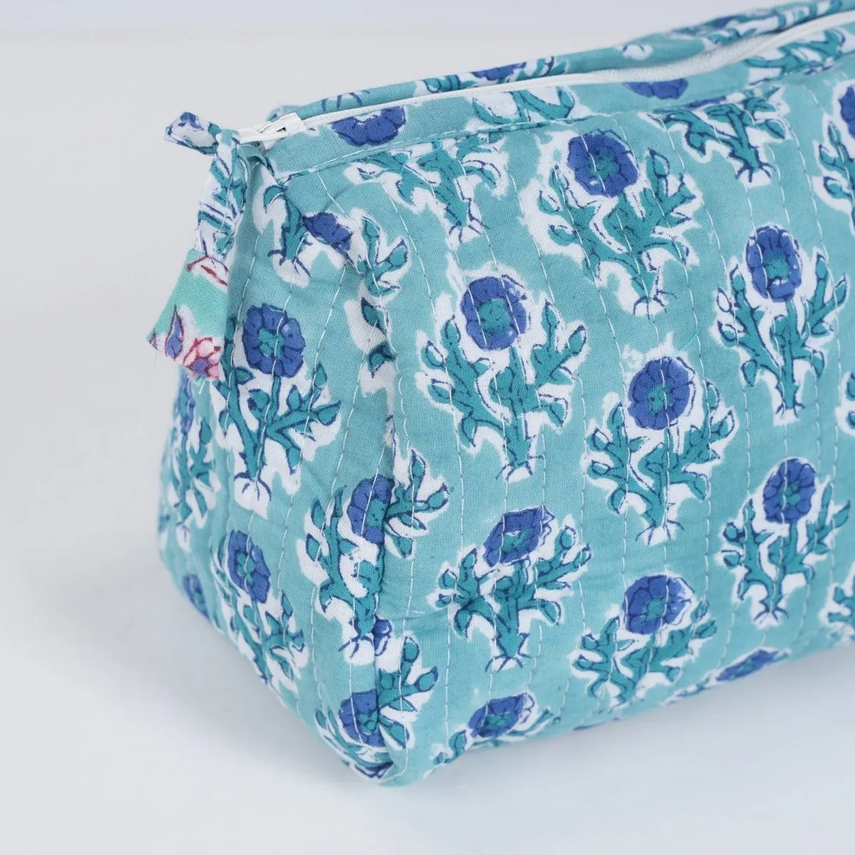Quilted Makeup Pouch/Utility Pouch Set of 2 - Handprinted in Blue Floral Pattern | Portable Toiletry Bag for Travel