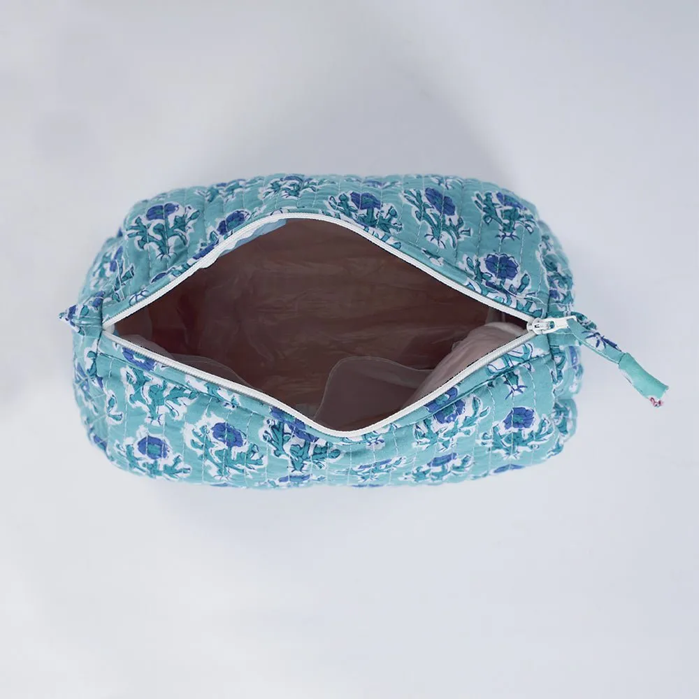 Quilted Makeup Pouch/Utility Pouch Set of 2 - Handprinted in Blue Floral Pattern | Portable Toiletry Bag for Travel
