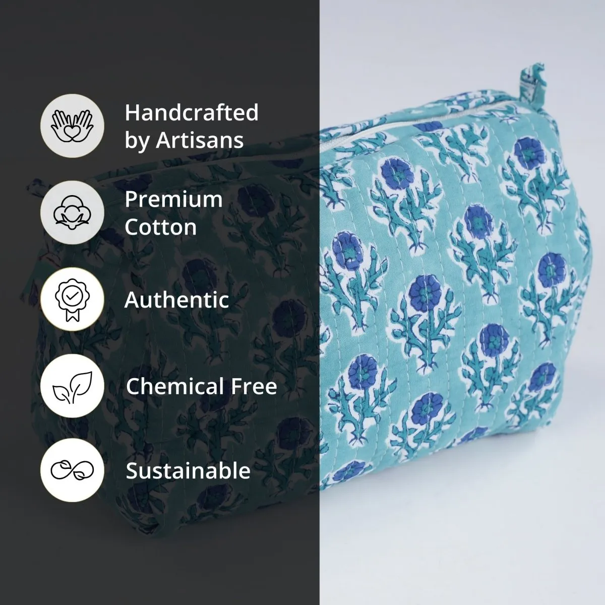 Quilted Makeup Pouch/Utility Pouch Set of 2 - Handprinted in Blue Floral Pattern | Portable Toiletry Bag for Travel