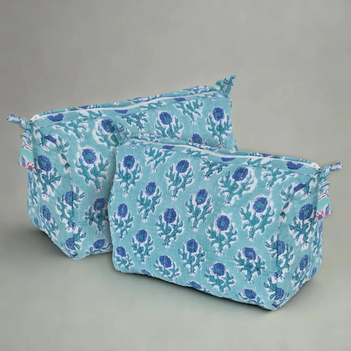 Quilted Makeup Pouch/Utility Pouch Set of 2 - Handprinted in Blue Floral Pattern | Portable Toiletry Bag for Travel