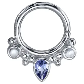 "Eden Pear" Hinge Ring in Gold with Rainbow Moonstone & Tanzanite