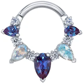 "Empress Rising" Hinge Ring in Gold with Diamond, Chatham Alexandrite & Labradorite